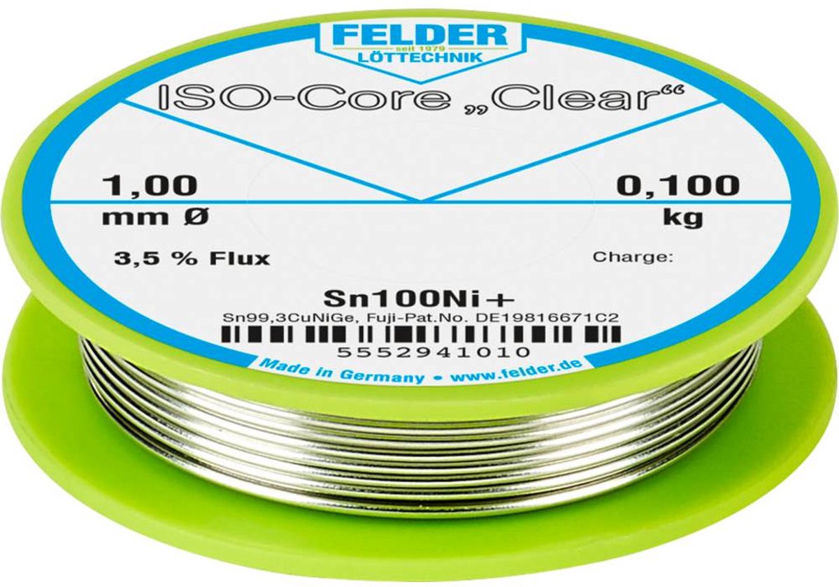 Felder LÃ¶ttechnik ISO-Core Clear Sn100Ni+ Soldeertin Spoel Sn99.25Cu0.7Ni0.05 0.100 kg 1 mm