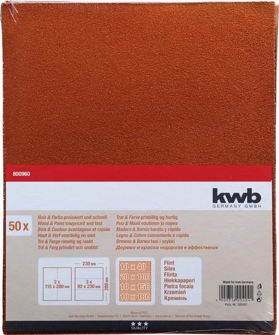 kwb 812316 Handschuurpapierset Korrelgrootte 40, 100, 150, 180 (l x b) 280 mm x 230 mm 50 stuk(s)