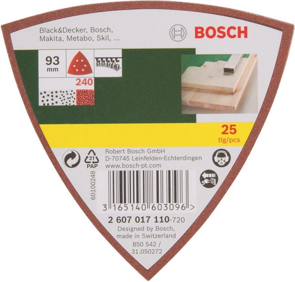 Bosch 2607017110 Delta schuurpapier Met klittenband, Geperforeerd Korrelgrootte 240 Hoekmaat 93 mm 25 stuk(s)