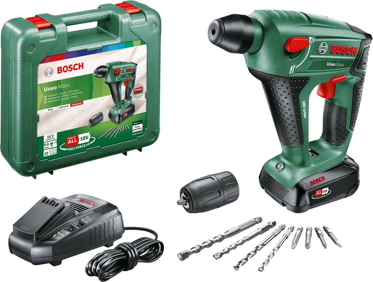 Bosch Accuboorhamer UneoMaxx SDS-Quick 18 V 2.5 Ah Li-ion Incl. accu, Incl. accessoires, Incl. koffer