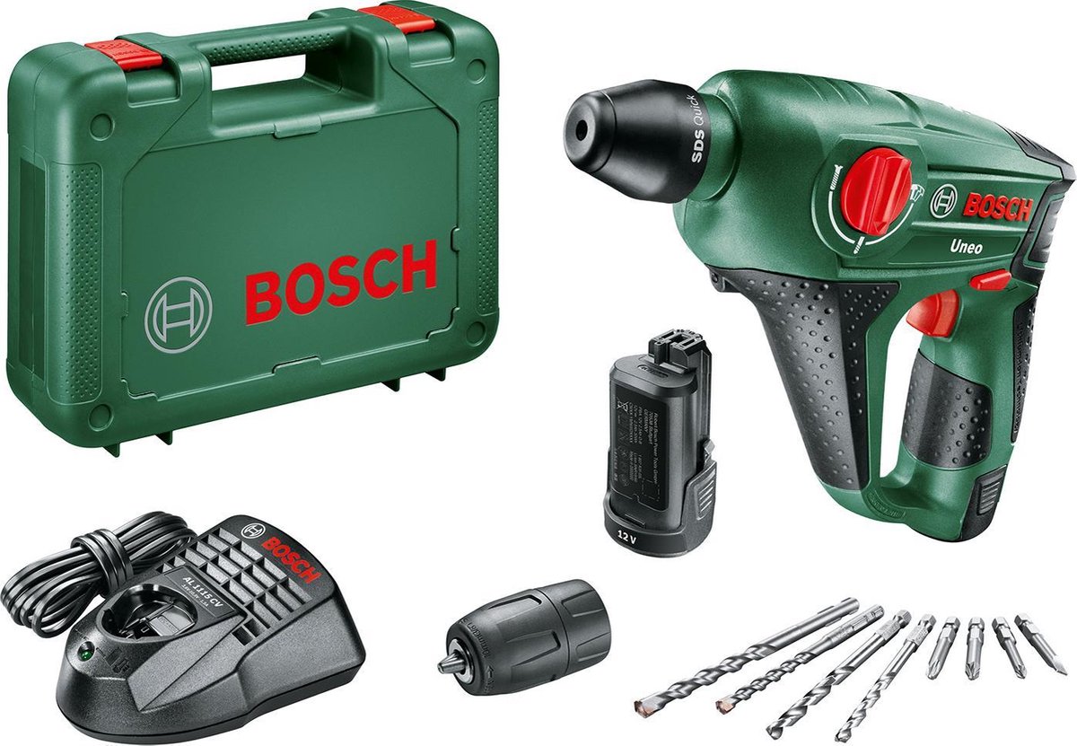 Bosch Accuboorhamer Uneo SDS-Quick 12 V 2.5 Ah Li-ion Incl. 2 accus, Incl. accessoires, Incl. koffer
