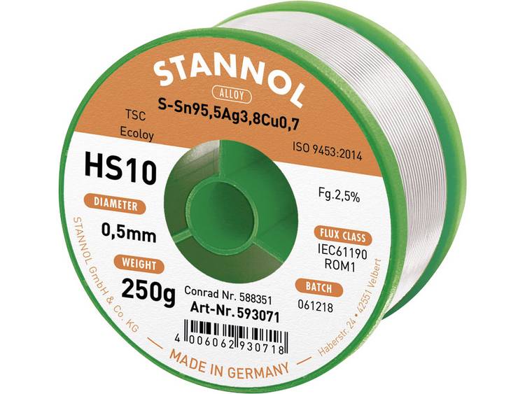 Stannol HS10 2510 Soldeertin, loodvrij Spoel Sn95Ag4Cu1 250 g 0.5 mm