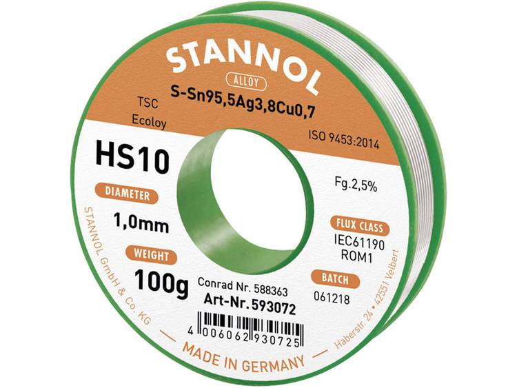 Stannol HS10 2510 Soldeertin, loodvrij Spoel Sn95Ag4Cu1 100 g 1.0 mm