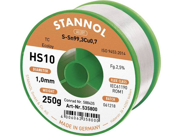 Stannol HS10 2510 Soldeertin, loodvrij Spoel Sn99.3Cu0.7 250 g 1.0 mm