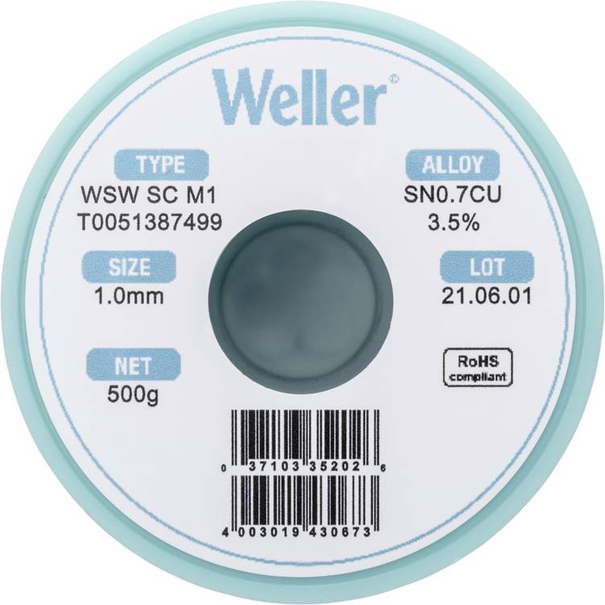 Weller WSW SC M1 Soldeertin, loodvrij Spoel Sn0.7Cu 500 g 1.0 mm