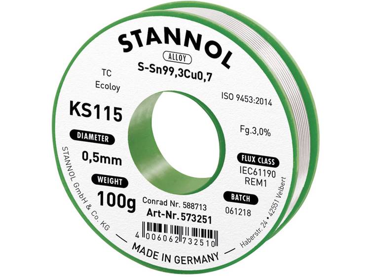 Stannol KS115 Soldeertin, loodvrij Spoel Sn99.3Cu0.7 100 g 0.5 mm