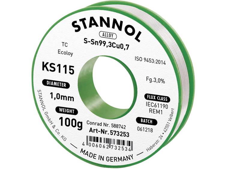 Stannol KS115 Soldeertin, loodvrij Spoel Sn99.3Cu0.7 100 g 1.0 mm