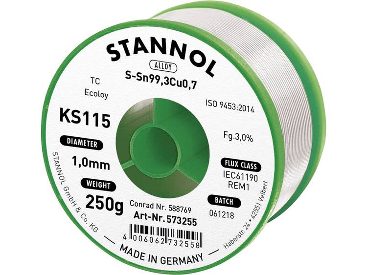 Stannol KS115 Soldeertin, loodvrij Spoel Sn99.3Cu0.7 250 g 1.0 mm