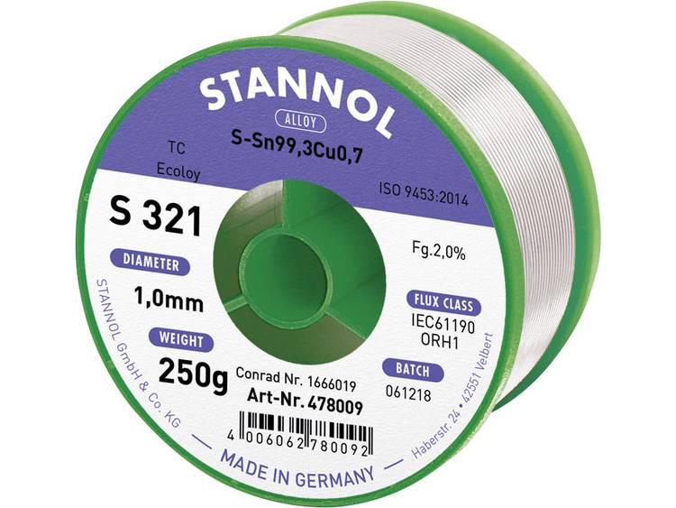 Stannol S321 2,0% 1,0MM SN99CU0,7CD 250G Soldeertin, loodvrij Loodvrij, Spoel Sn99.3Cu0.7 250 g 1 mm