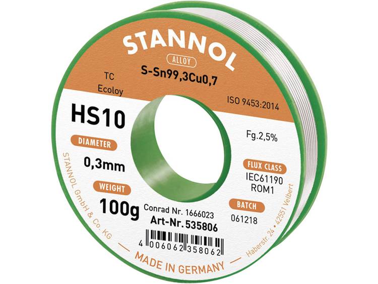 Stannol HS10 2,5% 0,3MM SN99,3CU0,7 CD 100G Soldeertin, loodvrij Loodvrij, Spoel Sn99.3Cu0.7 100 g 0.3 mm