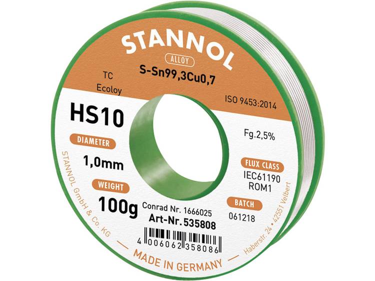 Stannol HS10 2,5% 1,0MM SN99,3CU0,7 CD 100G Soldeertin, loodvrij Loodvrij, Spoel Sn99.3Cu0.7 100 g 1 mm