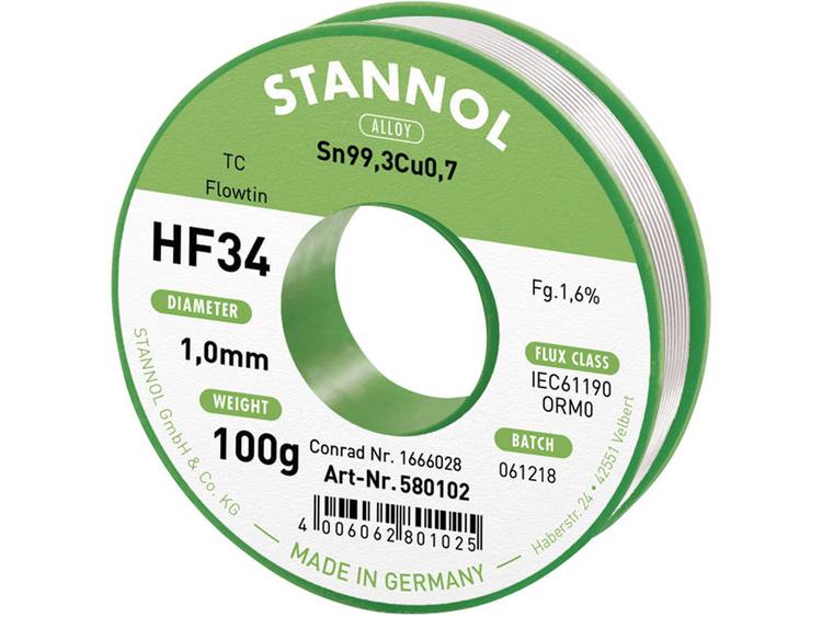 Stannol HF34 1,6% 1,0MM FLOWTIN TC CD 100G Soldeertin, loodvrij Spoel, Loodvrij Sn99.3Cu0.7 100 g 1 mm