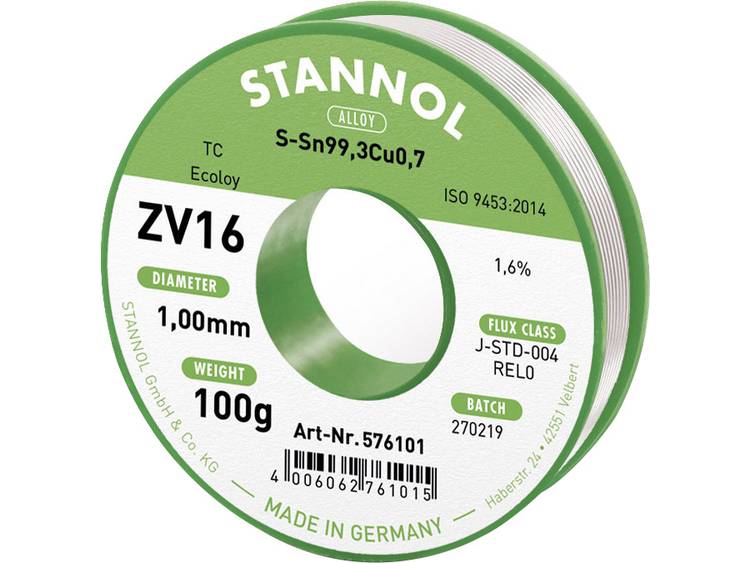 Stannol ZV16 Soldeertin, loodvrij Loodvrij Sn0.7Cu 100 g 1.0 mm