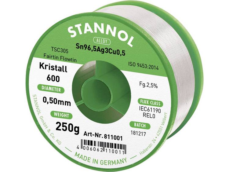 Stannol Kristall 600 Fairtin Soldeertin, loodvrij Loodvrij Sn3.0Ag0.5Cu 250 g 0.7 mm