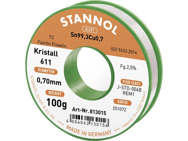 Stannol Kristall 611 Fairtin Soldeertin, loodvrij Loodvrij Sn0.7Cu 100 g 0.7 mm