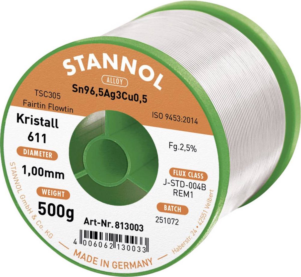 Stannol Kristall 611 Fairtin Soldeertin, loodvrij Loodvrij Sn3.0Ag0.5Cu 500 g 1.0 mm