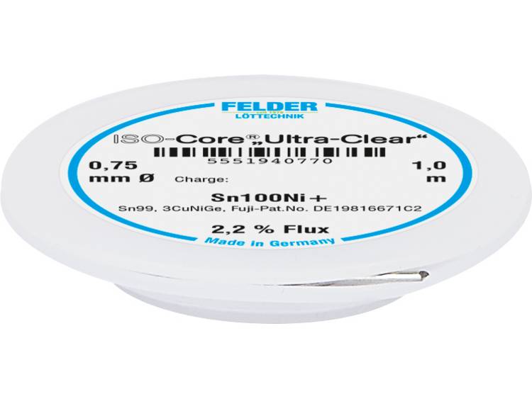 Felder LÃ¶ttechnik ISO-Core Ultra-Clear Sn100Ni+ Soldeertin, loodvrij Spoel Sn99.25Cu0.7Ni0.05 0.75 mm