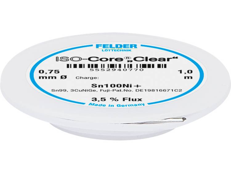 Felder LÃ¶ttechnik ISO-Core Clear Sn100Ni+ Soldeertin, loodvrij Spoel Sn99.25Cu0.7Ni0.05 0.75 mm