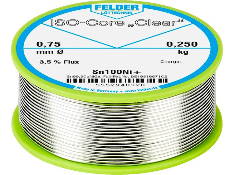 Felder LÃ¶ttechnik ISO-Core Clear Sn100Ni+ Soldeertin Spoel Sn99.25Cu0.7Ni0.05 0.250 kg 0.75 mm