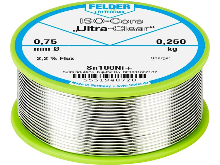 Felder LÃ¶ttechnik ISO-Core Ultra-Clear Sn100Ni+ Soldeertin, loodvrij Spoel Sn99.25Cu0.7Ni0.05 0.250 kg 0.75 mm