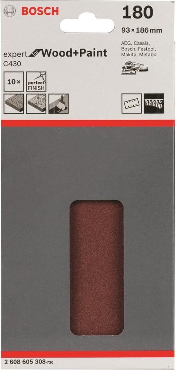 Bosch Expert for Wood 2608605308 Oscillerend schuurpapier Met klittenband, Geperforeerd Korrelgrootte 180 (l x b) 185 mm x 93 mm 10 stuk(s)