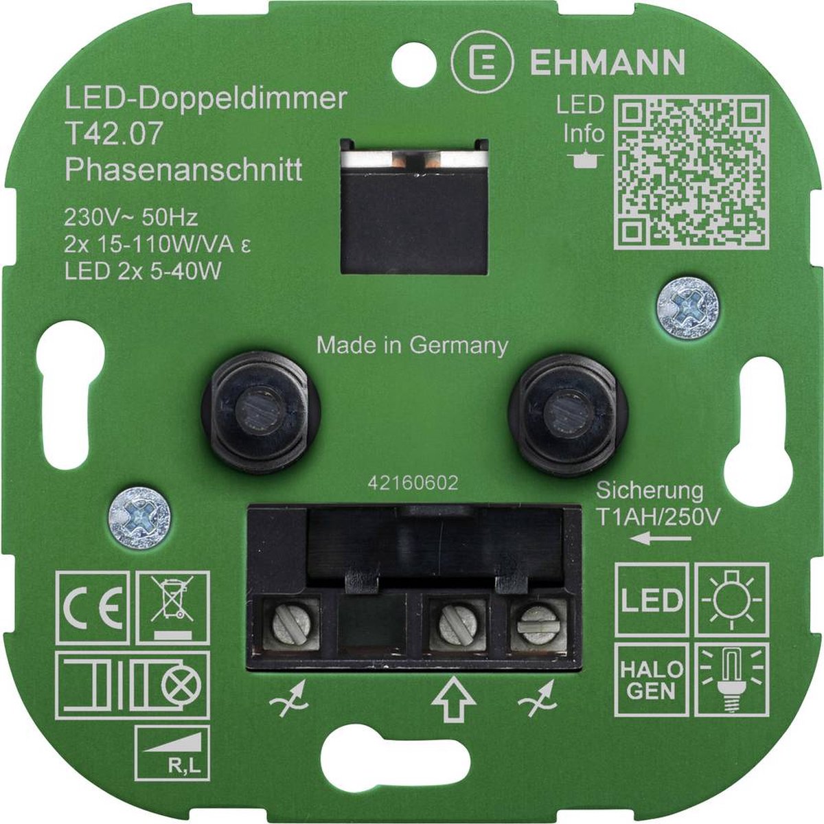 Ehmann 4295x0700 Draaidimmer Geschikt voor lampen: LED-lamp, Gloeilamp, Halogeenlamp (RAL 9016) - Wit