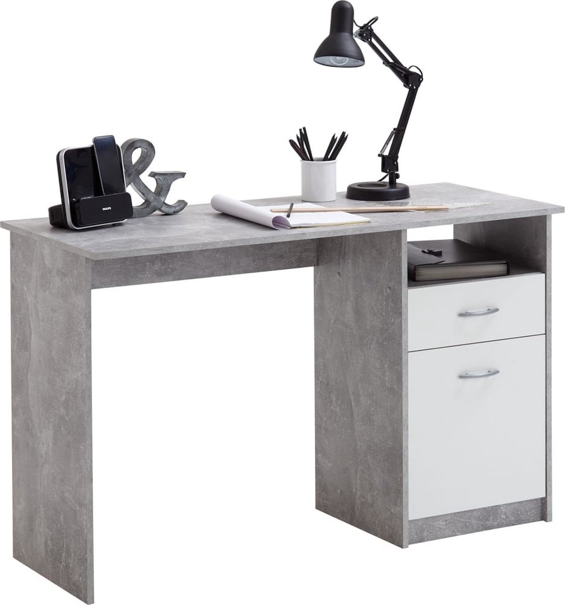 FMD Bureau Met 1 Lade 123x50x76,5 Cm Betonkleurig En Wit - Grijs