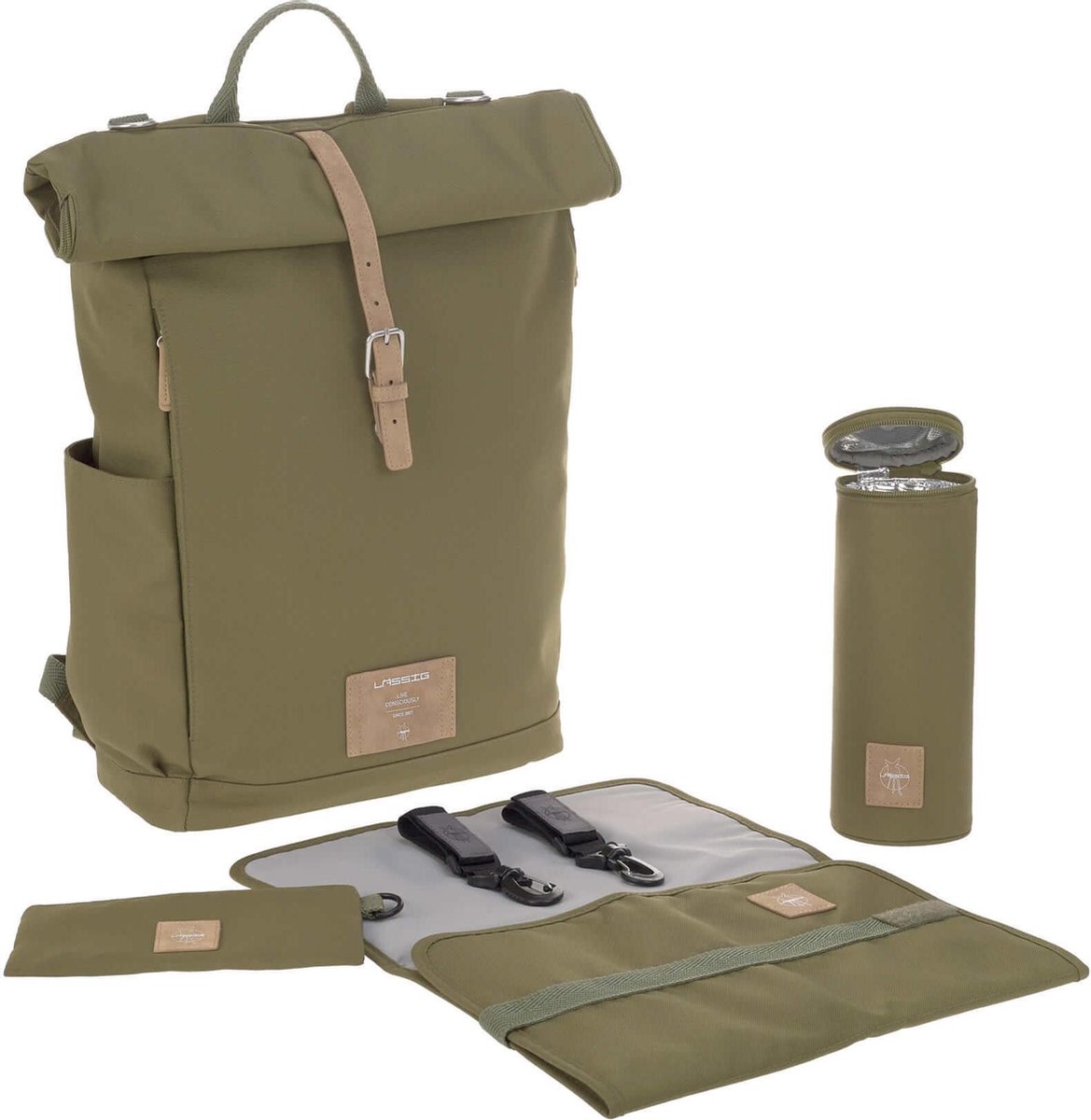 Länssig Luiertas Rolltop Backpack Incl. Verschoningsmatje - Olive