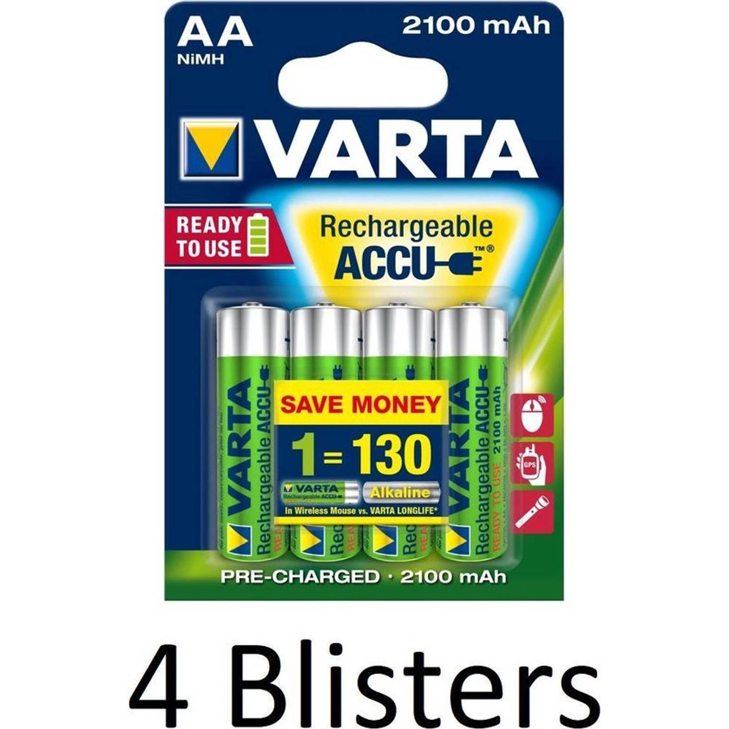 Varta 16 Stuks (4 Blisters A 4 St) Oplaadbare Batterijen Aa 2100 Mah