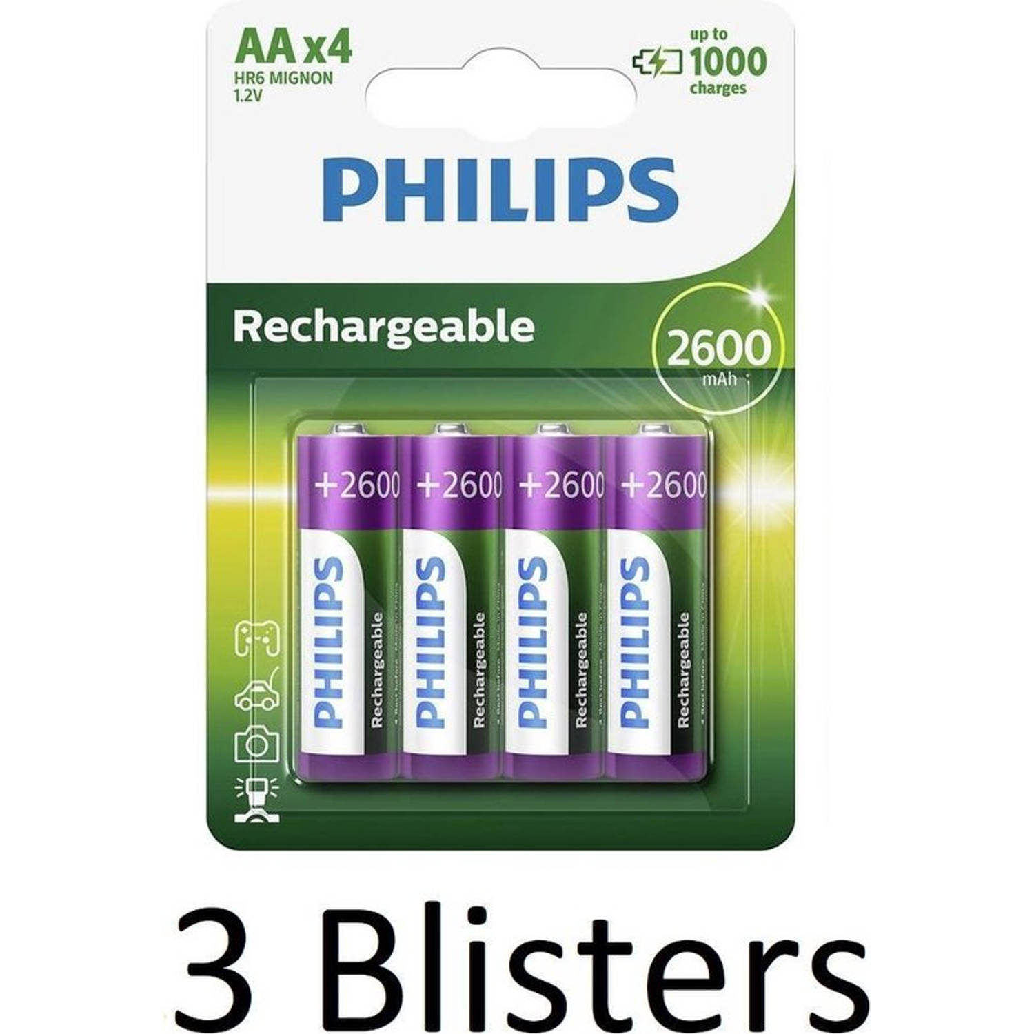 Philips 12 Stuks (3 Blisters A 4 St) Aa Oplaadbare Batterijen - 2500 Mah