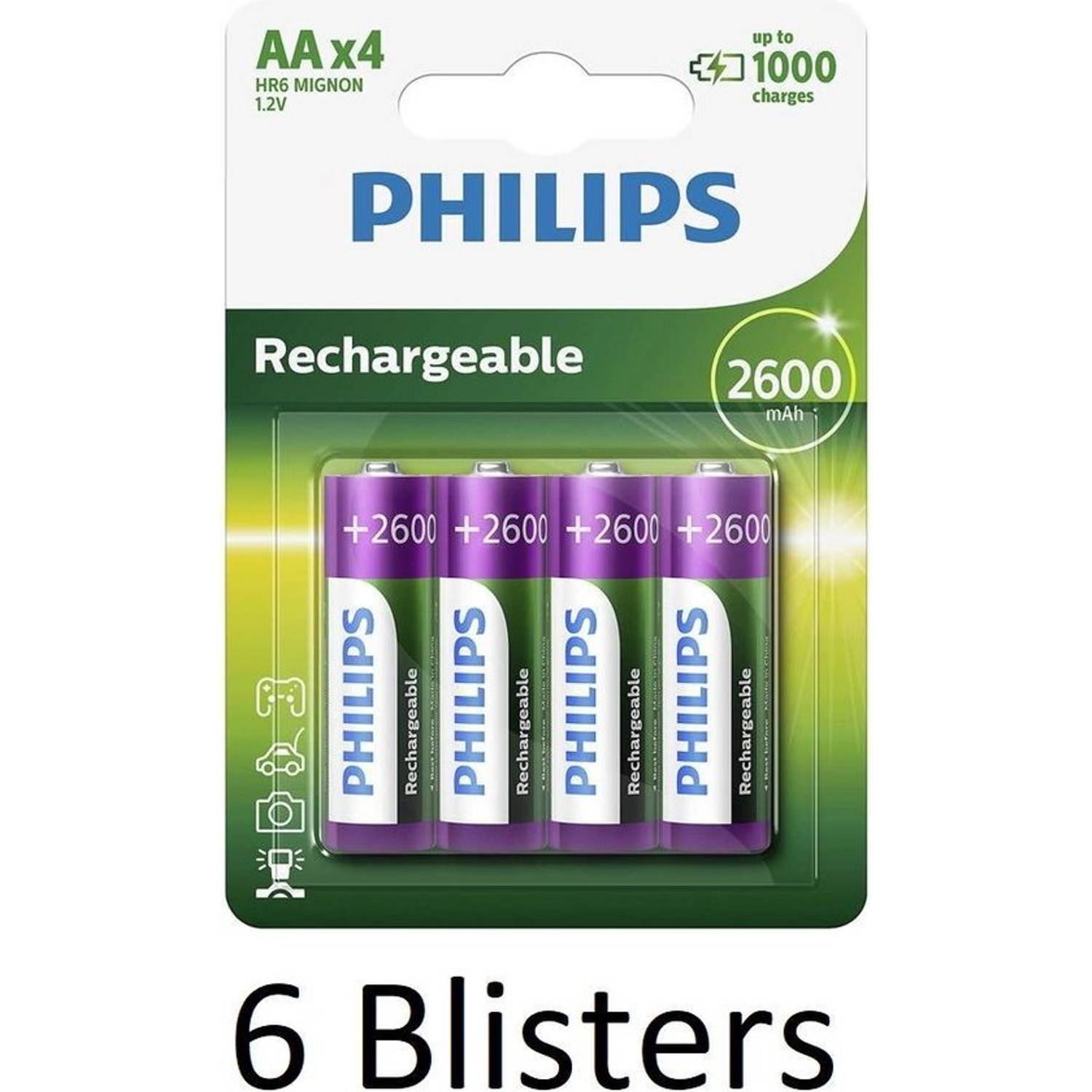 Philips 24 Stuks (6 Blisters A 4 St) Aa Oplaadbare Batterijen - 2600mah