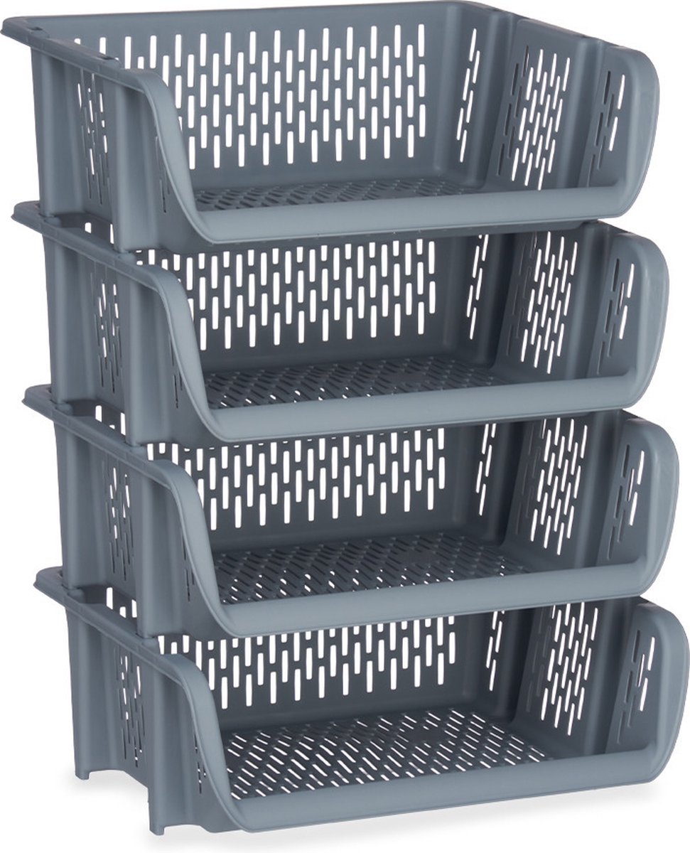 Pakket Van 4x Opberg Kratten/rekken/organizers 39 X 30 X 13 Cm - Opbergmanden - Grijs