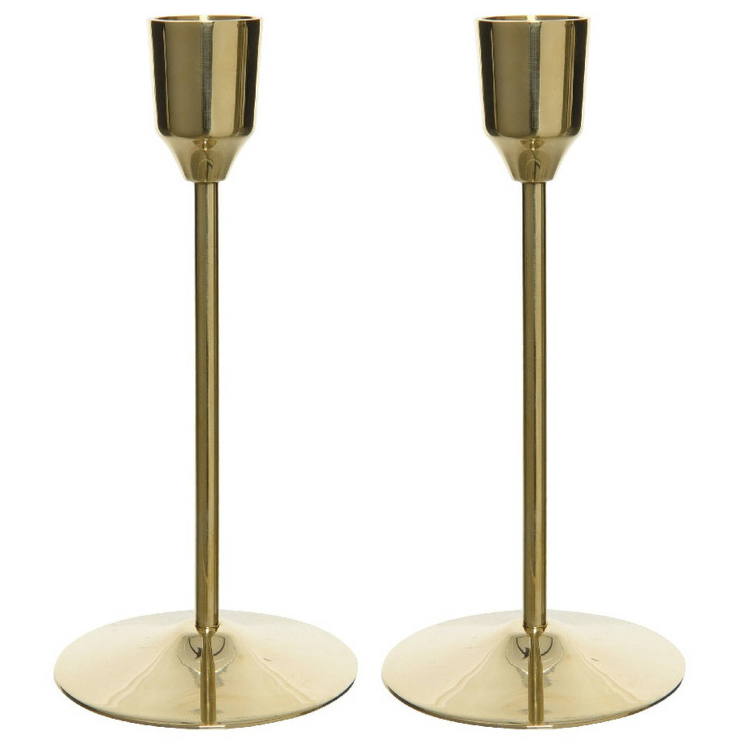 Decoris Set Van 2x Stuks Luxe Diner Kaarsen Staande Kandelaar Aluminium Kleur Goud 15 Cm - Kaars Kandelaars