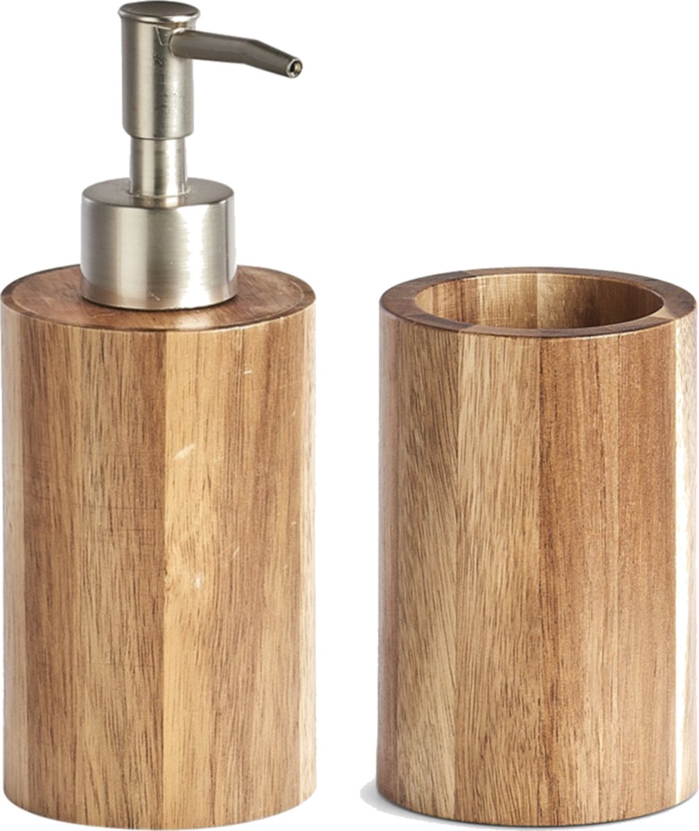 Zeller Badkamer Setje Zeeppompje Met Beker Van Luxe Acacia Hout - Zeeppompjes - Bruin