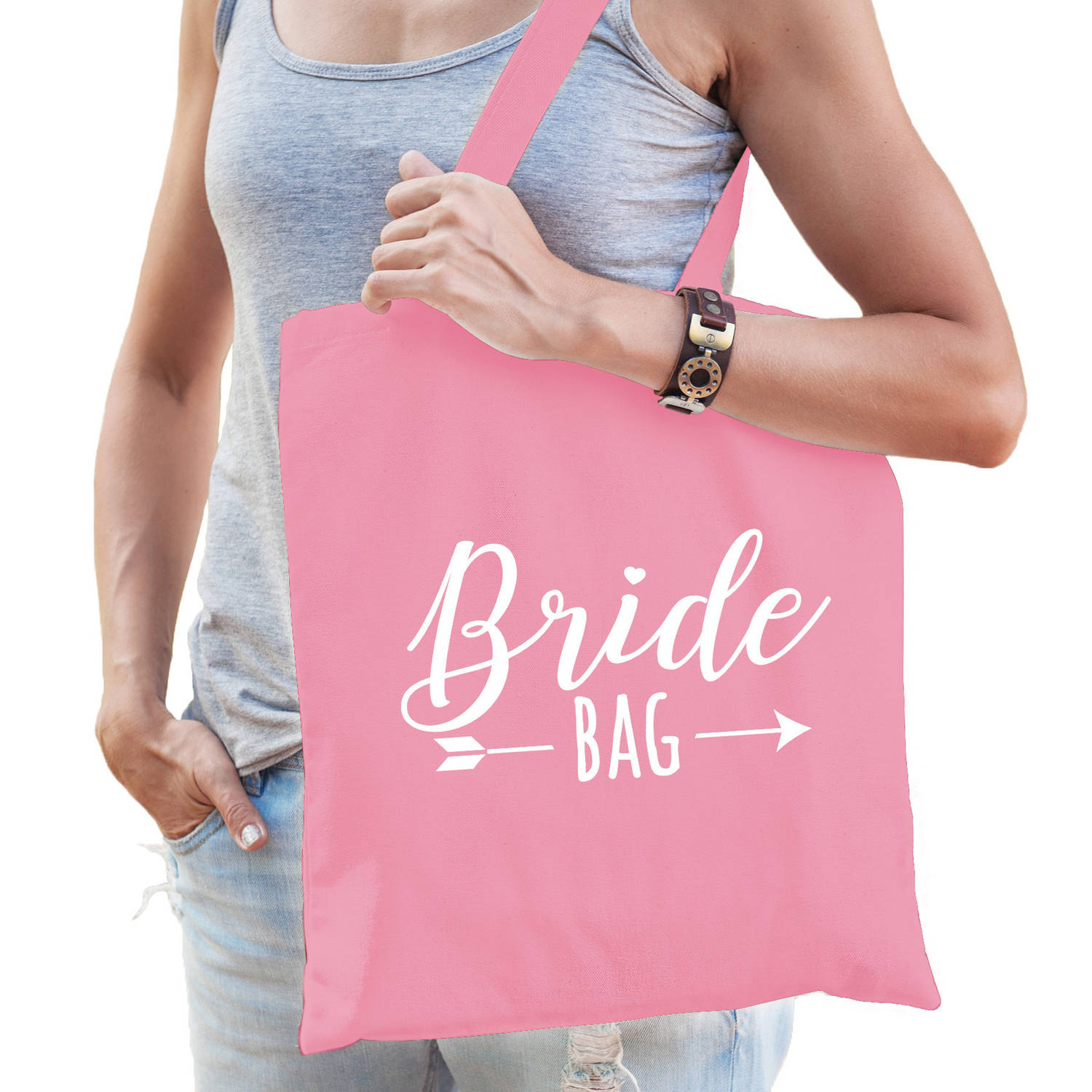 Bellatio Decorations Bride Bag Katoenen Tasje Licht Dames - Feest Boodschappentassen - Roze