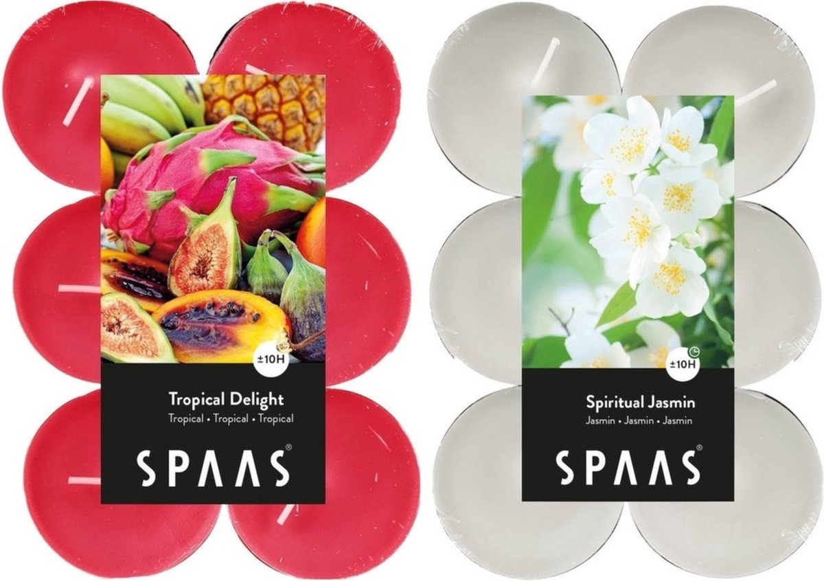 Spaas Geurkaarsen - 24x Stuks In 2 Geuren Jasmin En Tropical Delight - Geurkaarsen