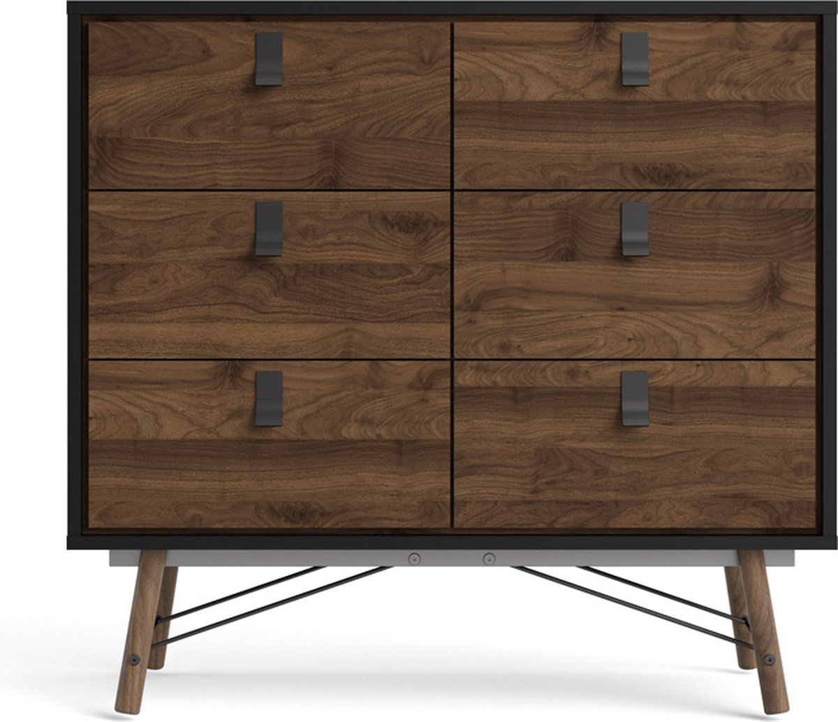 Rye Kommode 6 Laden Mat En Walnoot Decor. - Zwart