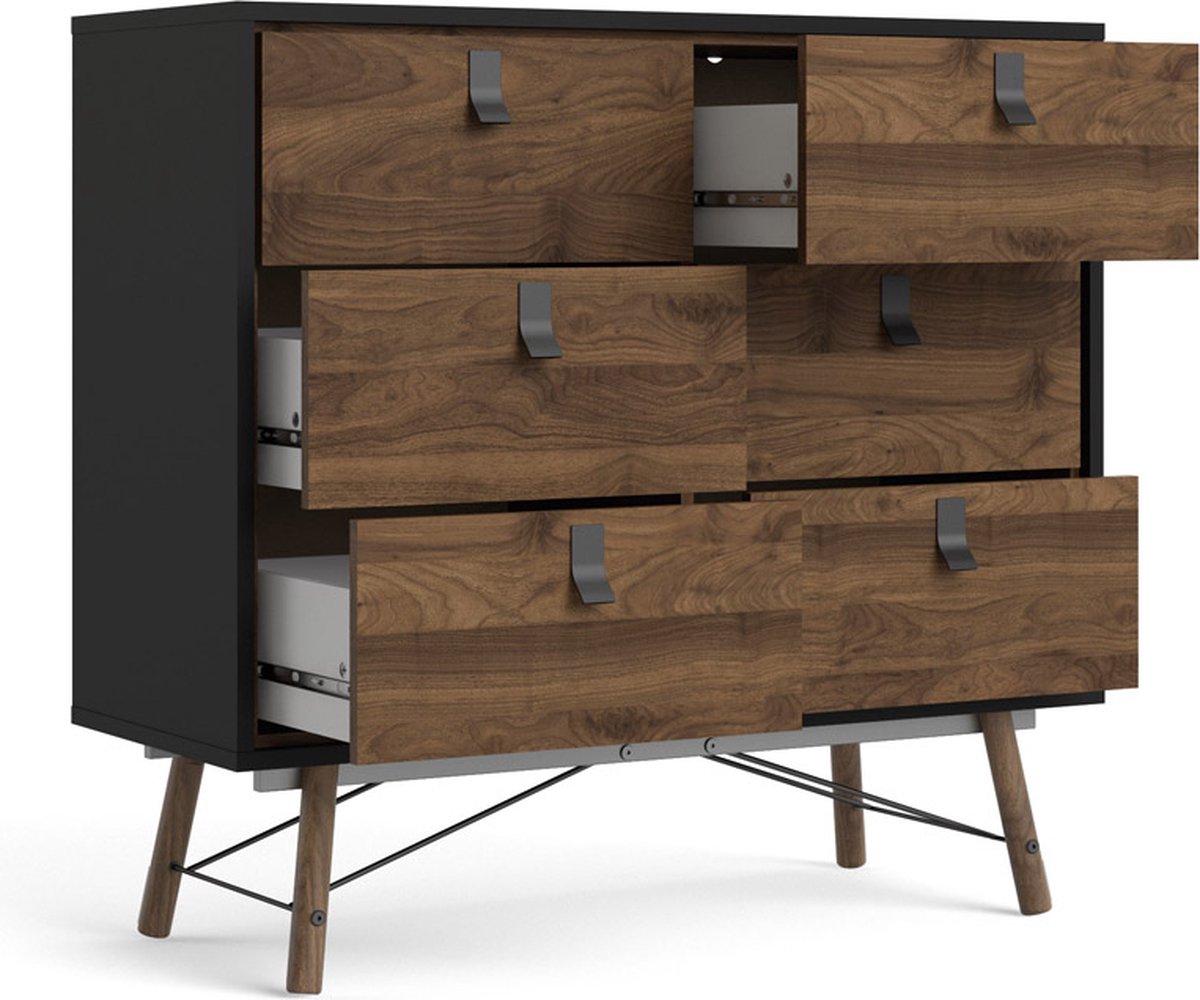 Rye Kommode 6 Laden Mat En Walnoot Decor. - Zwart