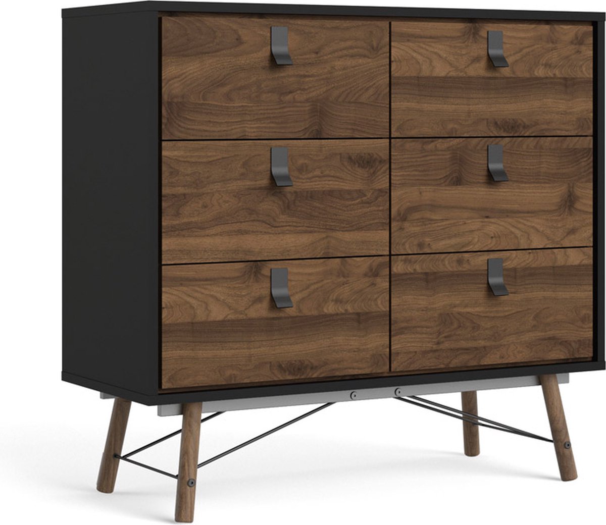 Rye Kommode 6 Laden Mat En Walnoot Decor. - Zwart
