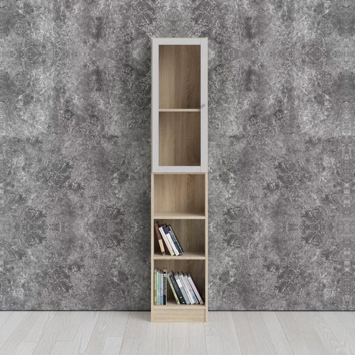 Base Wandkast 1 Glazen Deur En 2 Planken Eiken Structuur Decor, Wit. - Geel