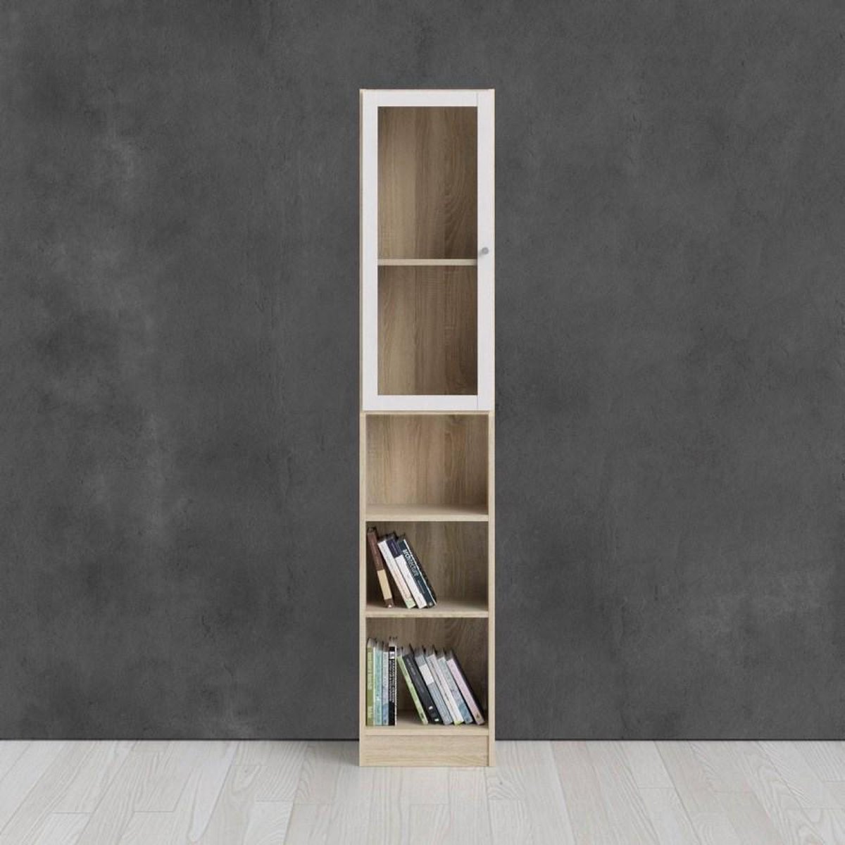 Base Wandkast 1 Glazen Deur En 2 Planken Eiken Structuur Decor, Wit. - Geel