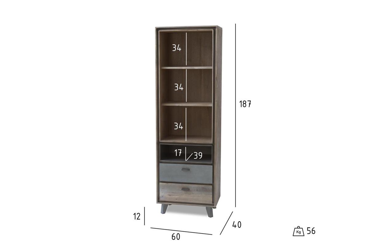 Marla Boekenkast Wandkast Met 3 Planken En 2 Lades Acaciahout-grijs. - Bruin