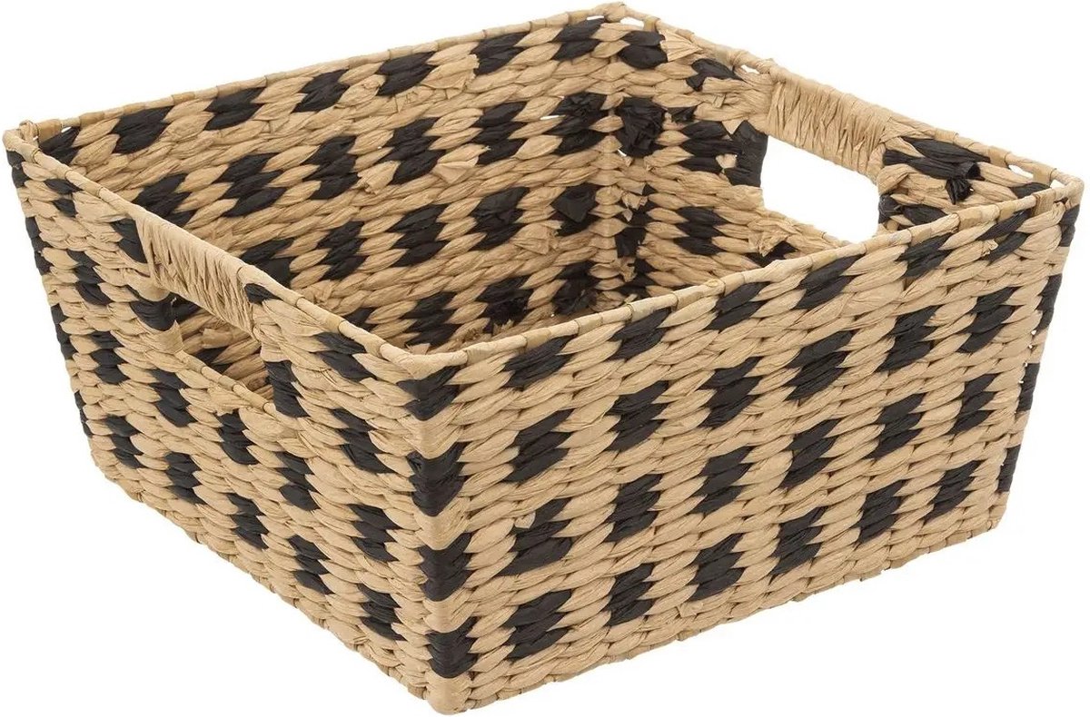 Gevlochten Rieten Opbergmand Vierkant/zwart 31 X 31 X 15 Cm - Opbergmanden - Beige