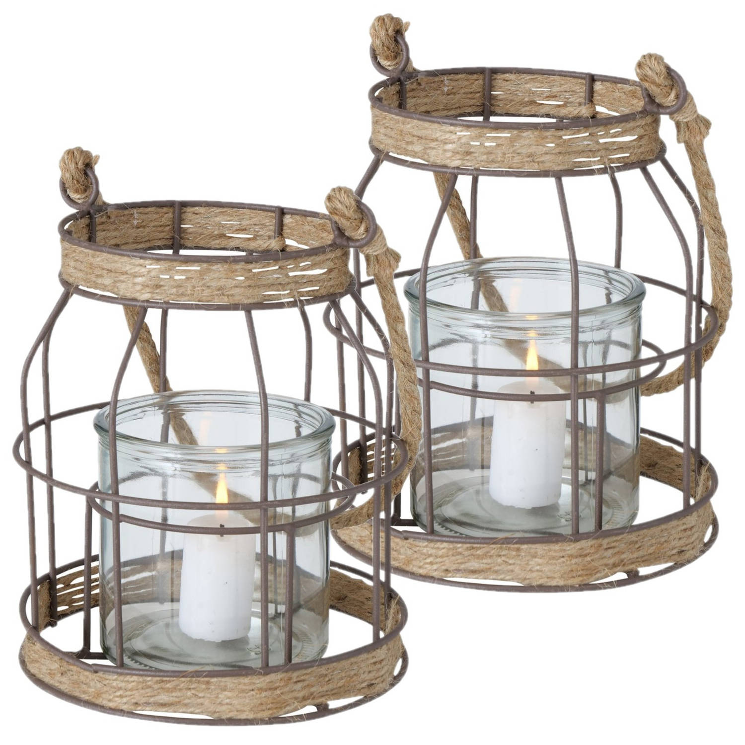 Deco by Boltze Set Van 2x Stuks Lantaarn Windlicht Jute/metaal/glas Van 19 Cm - Windlichten