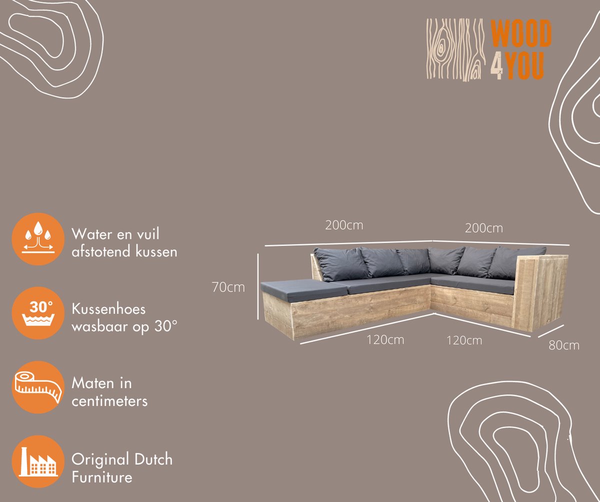 Wood4you 1 - Loungeset 7 Steigerhout 200x200 Cm - Incl Kussens (Gl-vorm) - Bruin