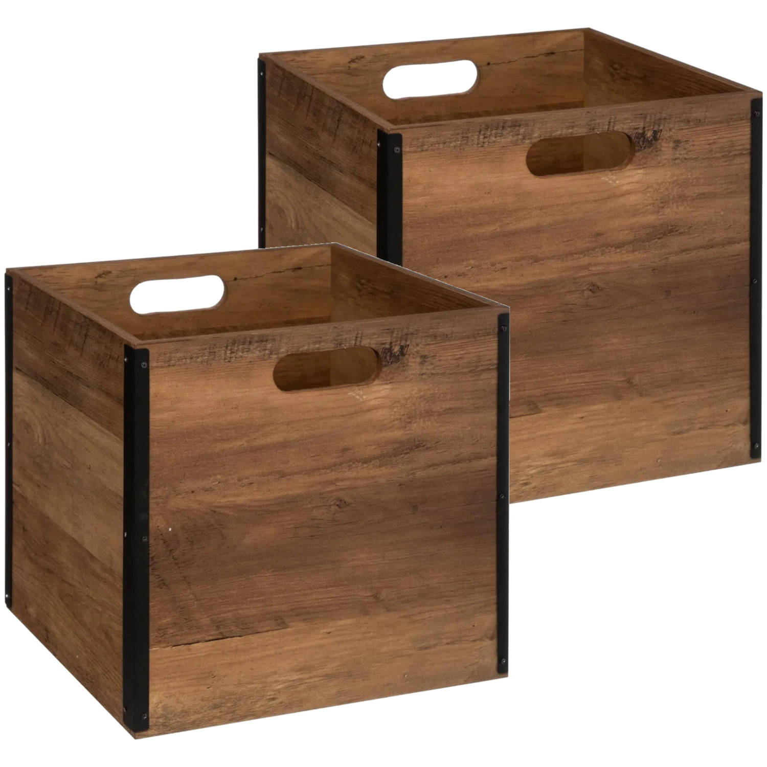 Set Van 2x Stuks Opbergmand/kastmand 29 Liter Donker Bruin Van Hout 31 X 31 X 31 Cm - Opbergmanden