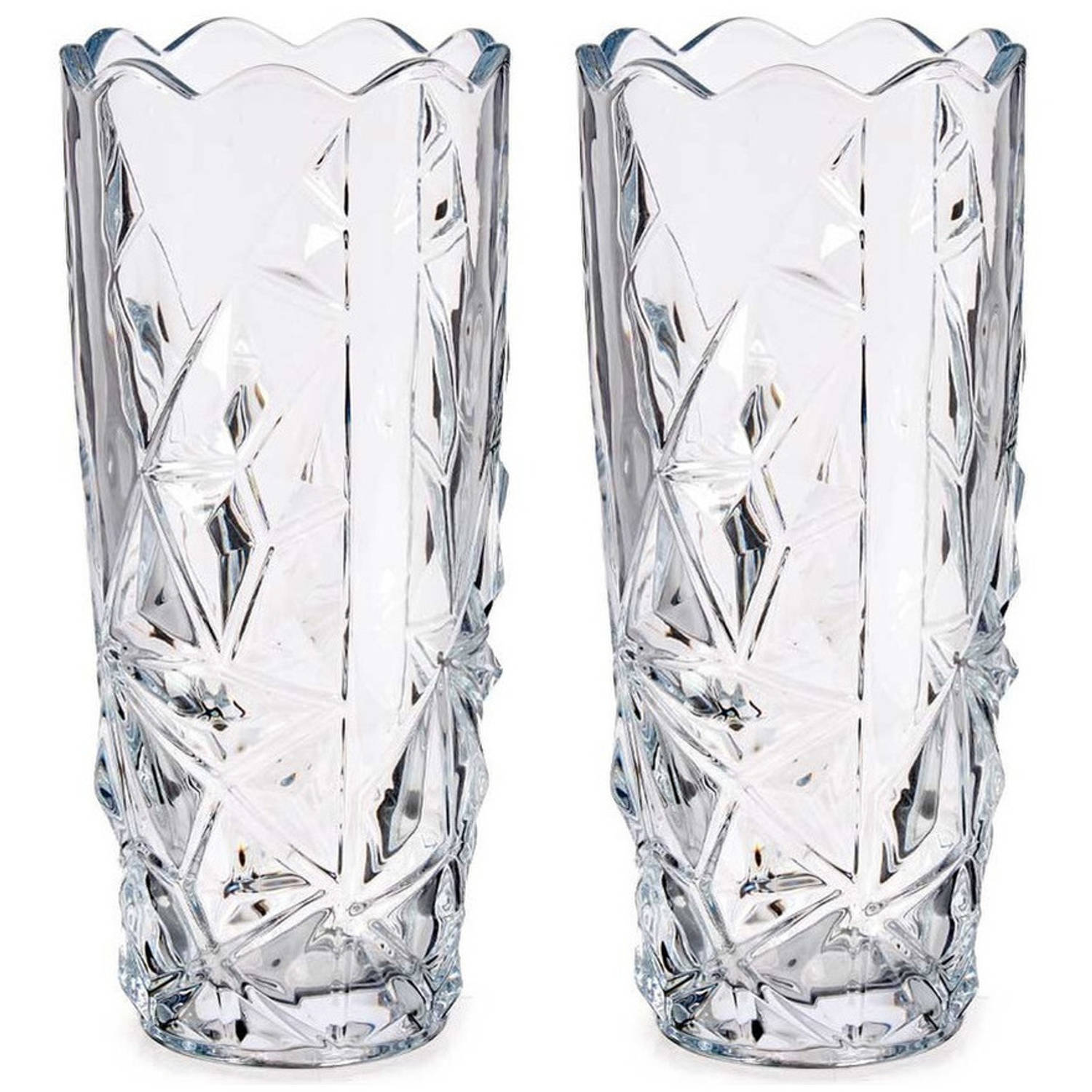 Giftdecor Set Van 2x Stuks Bloemenvazen Diamant Relief 8 X 19,5 Cm Van Glas - Vazen