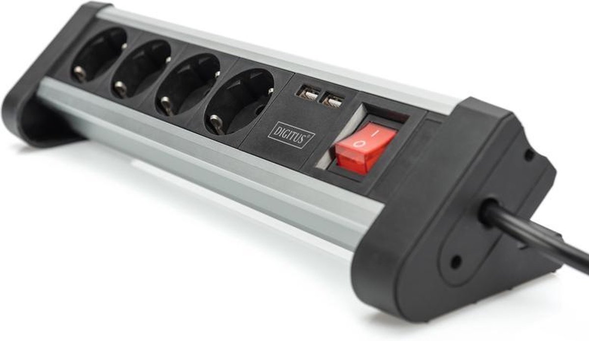 Digitus Stekkerdoos met schakelaar Aluminium, Aluminium-zilver,, Zilver Randaarde stekker 1 stuk(s) - Zwart