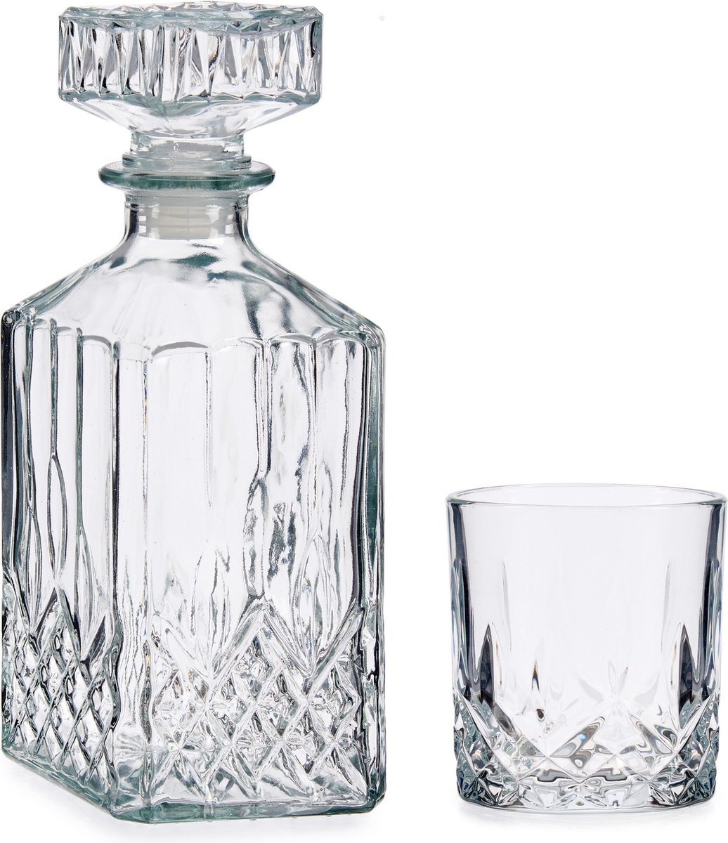 Vivalto Luxe Karaf Van Gedecoreerd Glas Met 4x Stuks Water/whisky Glazen Set - Whiskeyglazen