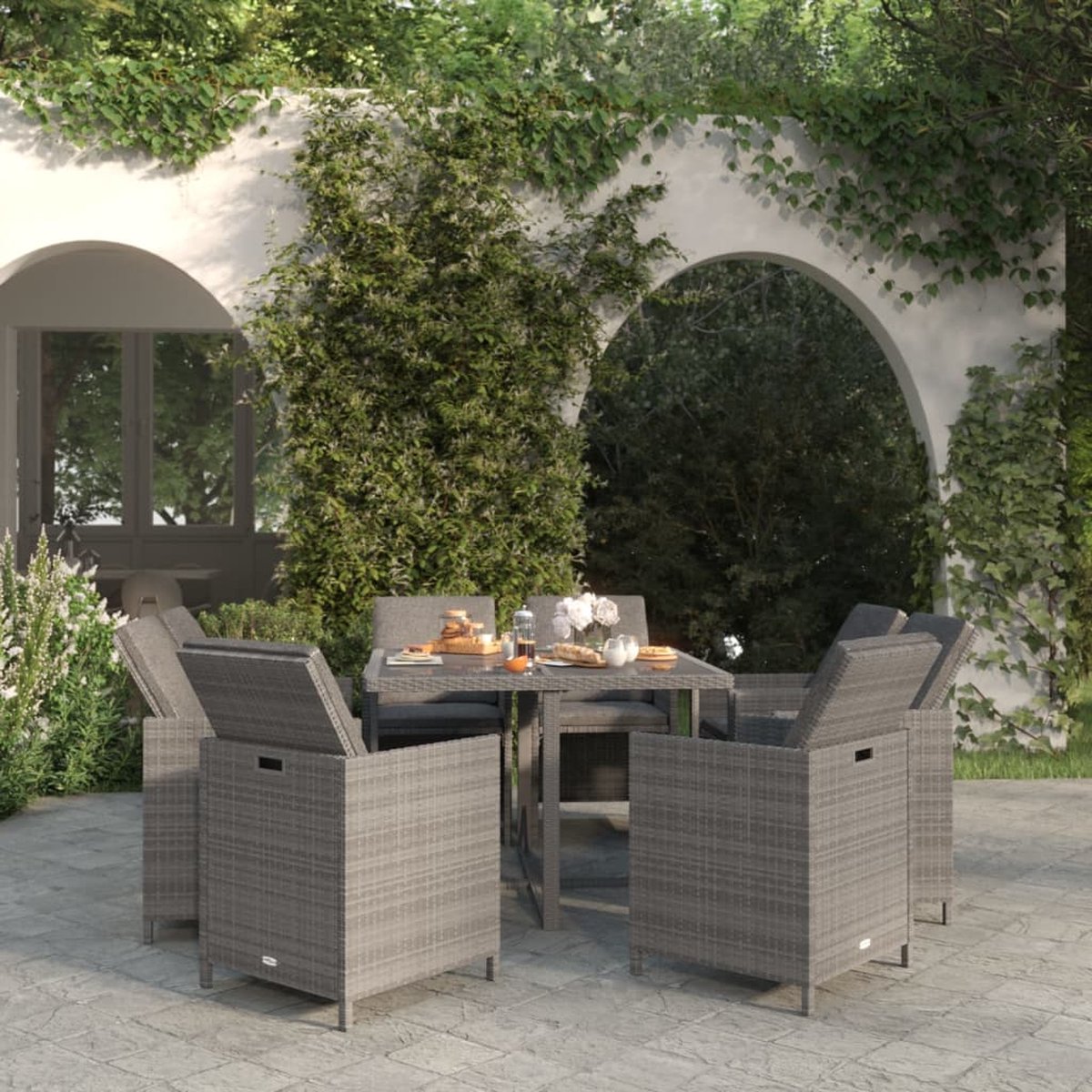 Vidaxl 9-delige Tuinset Met Kussens Poly Rattan - Grijs